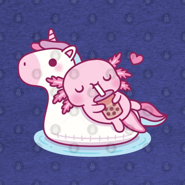 Cute Axolotl Chilling On Unicorn Pool Float Drinking Bubble Tea by rustydoodle